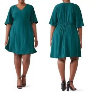 New! Eloquii Classic Flare flutter Sleeve Belted Teal Dress, women plus size‎ 16